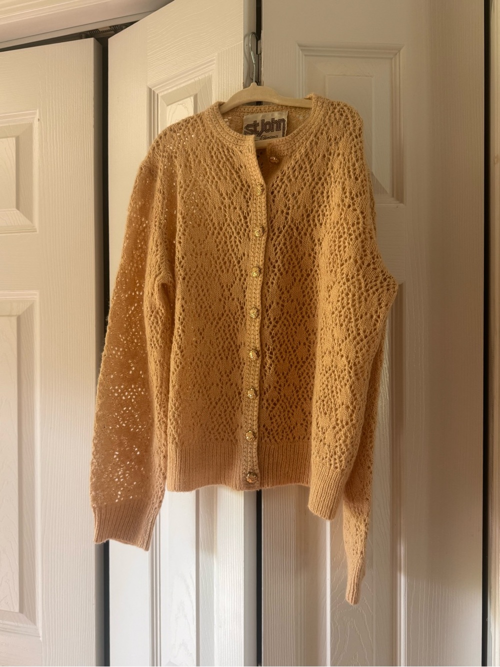 Vintage St. John Cream Openwork Knit Cardigan with Gold Buttons